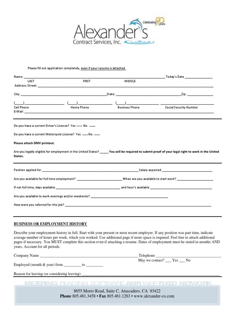 Employment Application Form - Alexander Co. | PDF | Employment | Drug Test