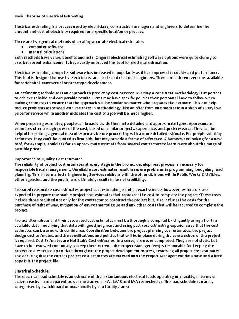 Basic Theories of Electrical Estimating PDF Electrical Wiring Methodology