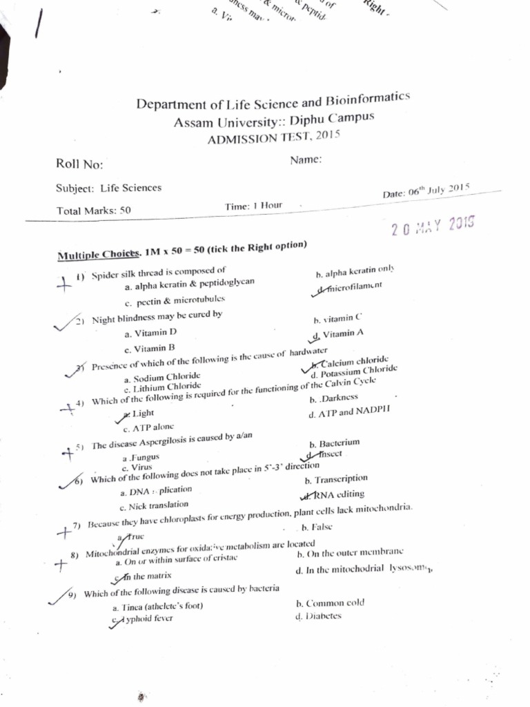 phd life science entrance question paper