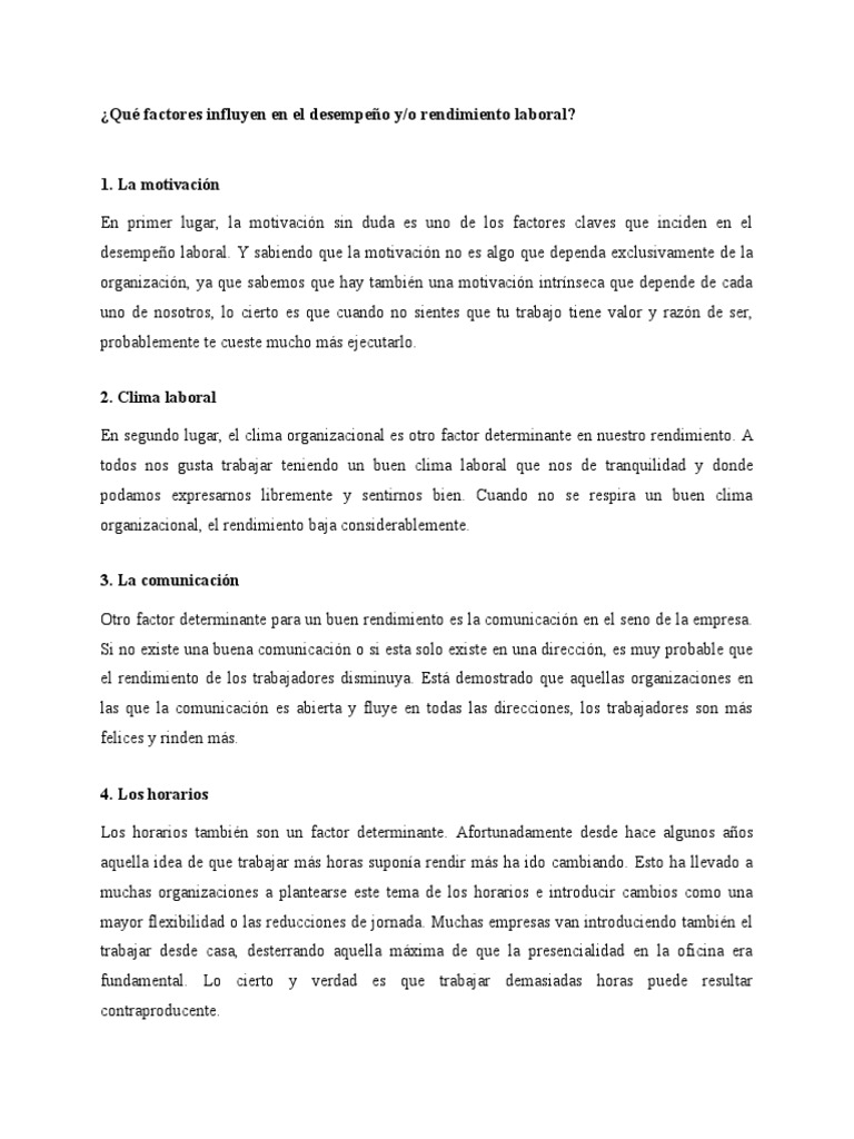 Factores que Influyen en el Desempeño Laboral | PDF | Crecimiento ...