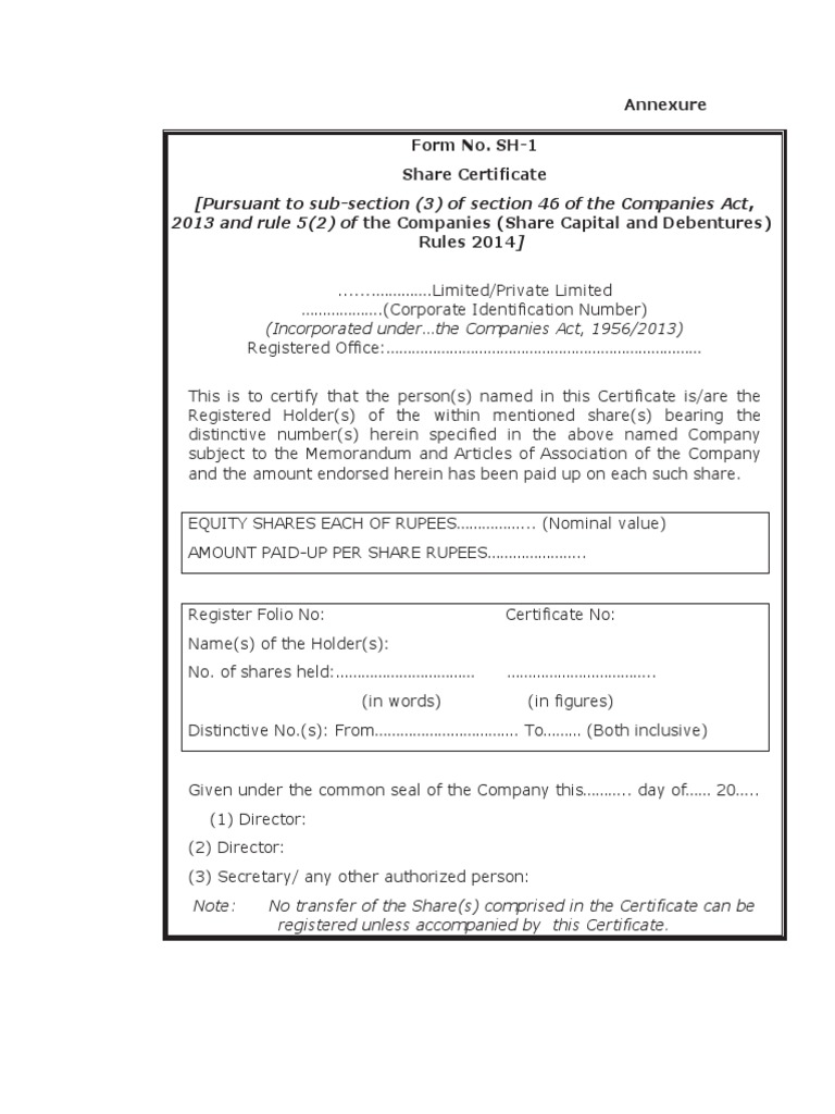 Form sh 1 share certificate pdf