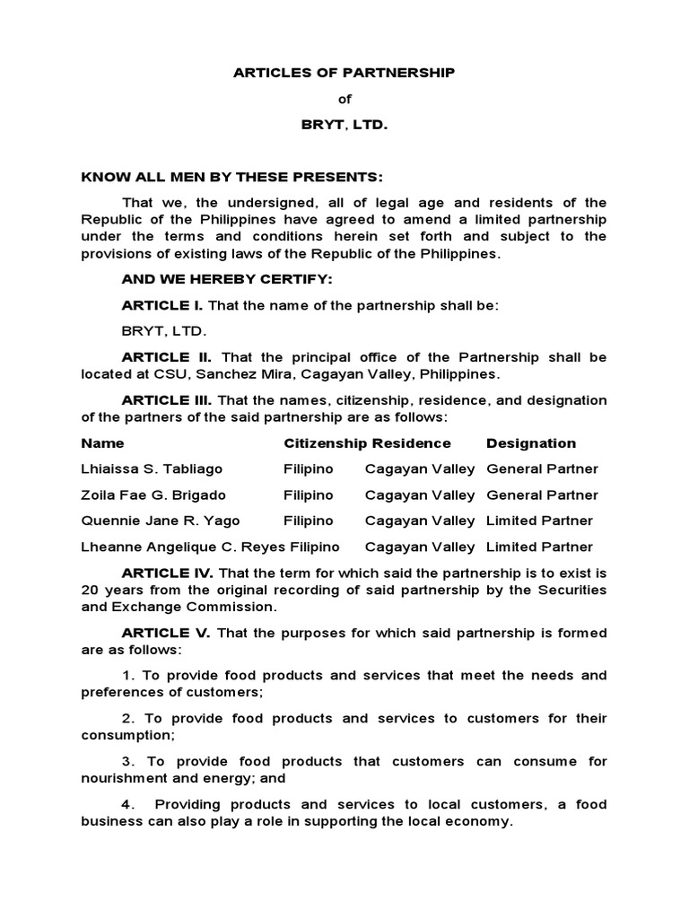 Articles of partnership pdf partnership limited partnership