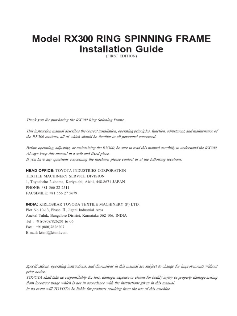 RX300 Ring Spinning Frame Manual | PDF | Fax | Manufactured Goods