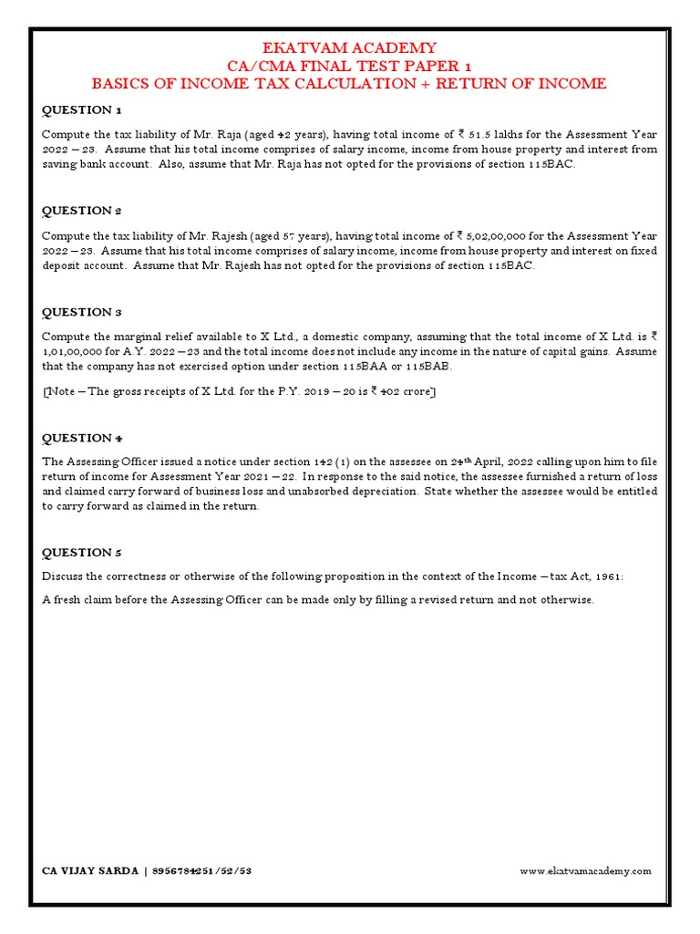 Income Tax Calculation Test Paper | PDF