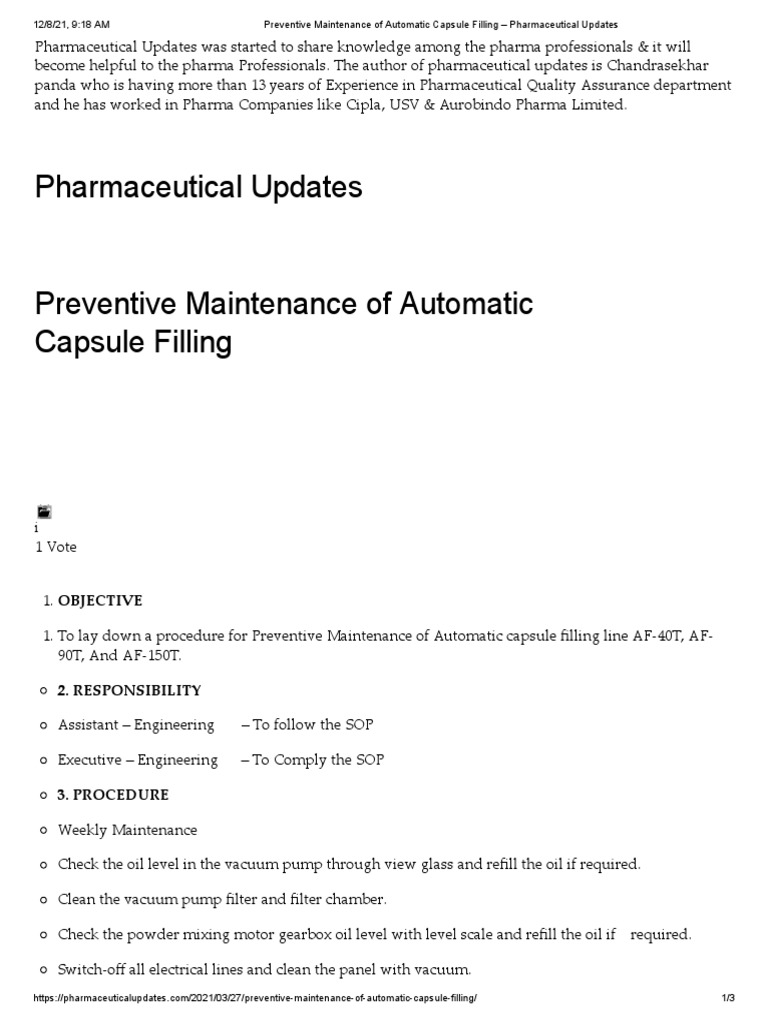 Preventive Maintenance for Capsule Filling | PDF | Bearing (Mechanical ...