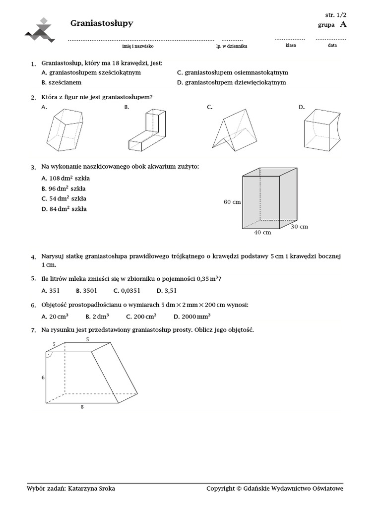 Graniastosłupy I Ostrosłupy Sprawdzian 3 Gimnazjum Pdf Karta Pracy Klasa 7 Graniastosłupy | PDF