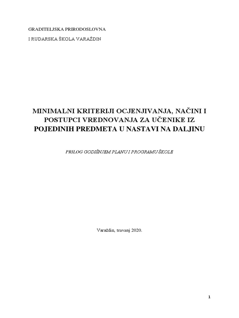 Minimalni Kriteriji Ocjenjivanja Načini I Postupci Vrednovanja Za ...