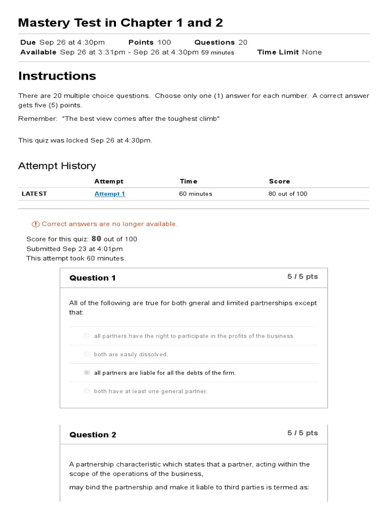 Mastery Test: Chapters 1 & 2 Overview | PDF | Equity (Finance) | Book Value