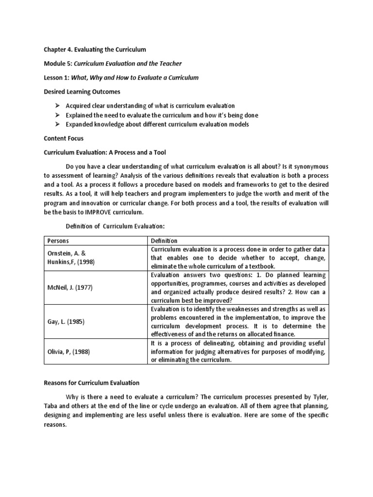 Curriculum Evaluation: Models & Importance | PDF | Evaluation ...