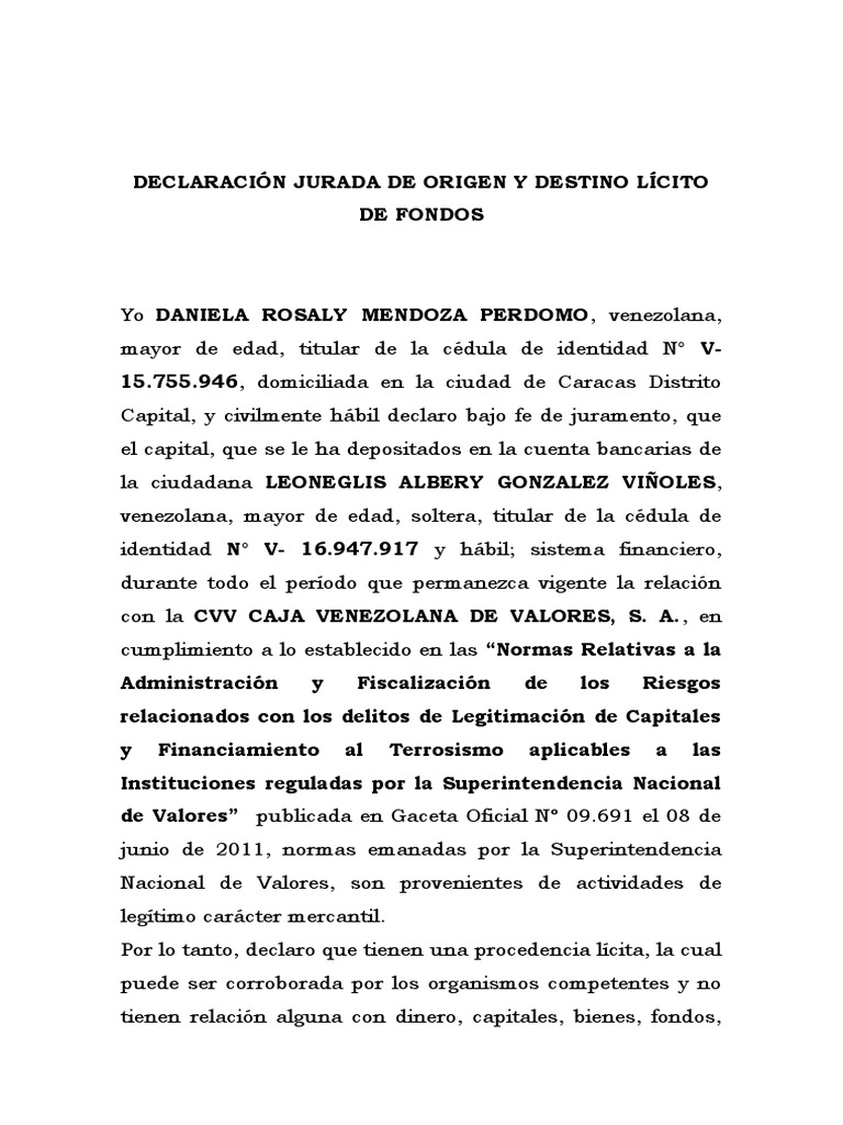 Declaración Jurada de Origen y Destino Lícito de Fondos Emisor | PDF