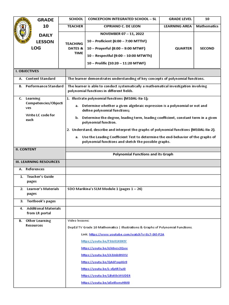 Grade 10 Mathematics Lesson Plan: Polynomial Functions | PDF ...