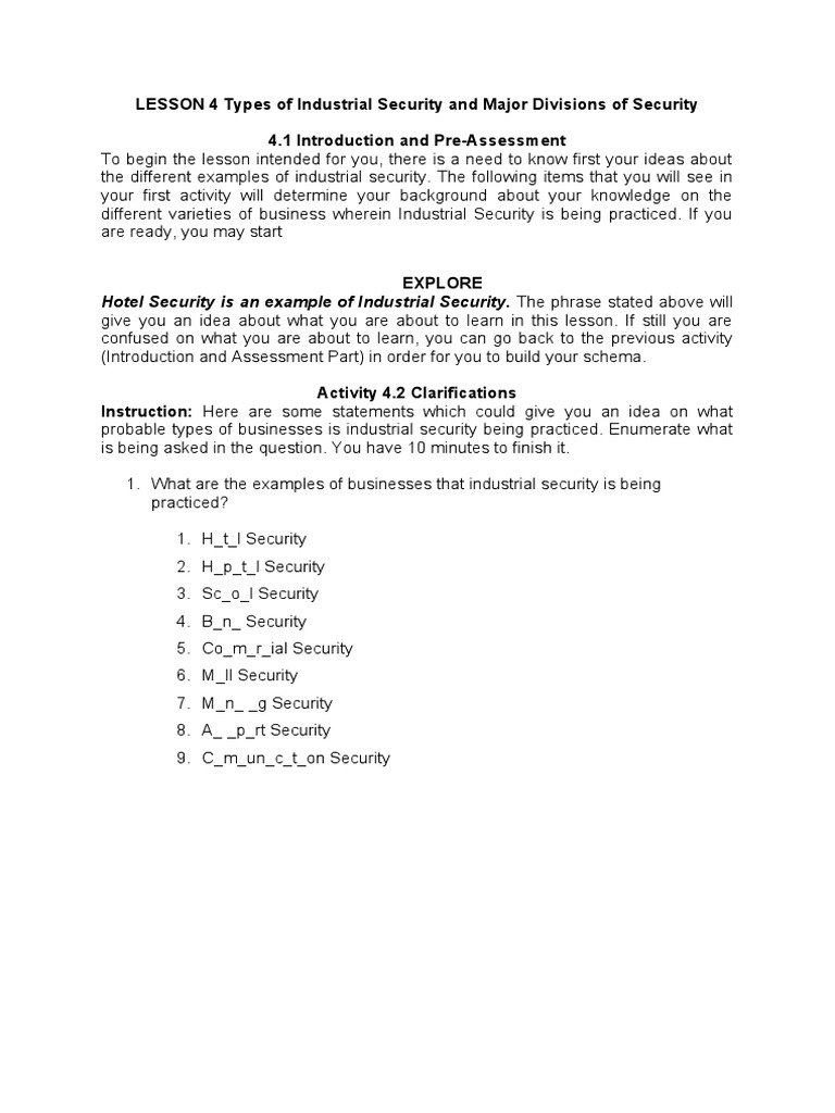 LESSON 4 Types of Industrial Security and Major Divisions of Security
