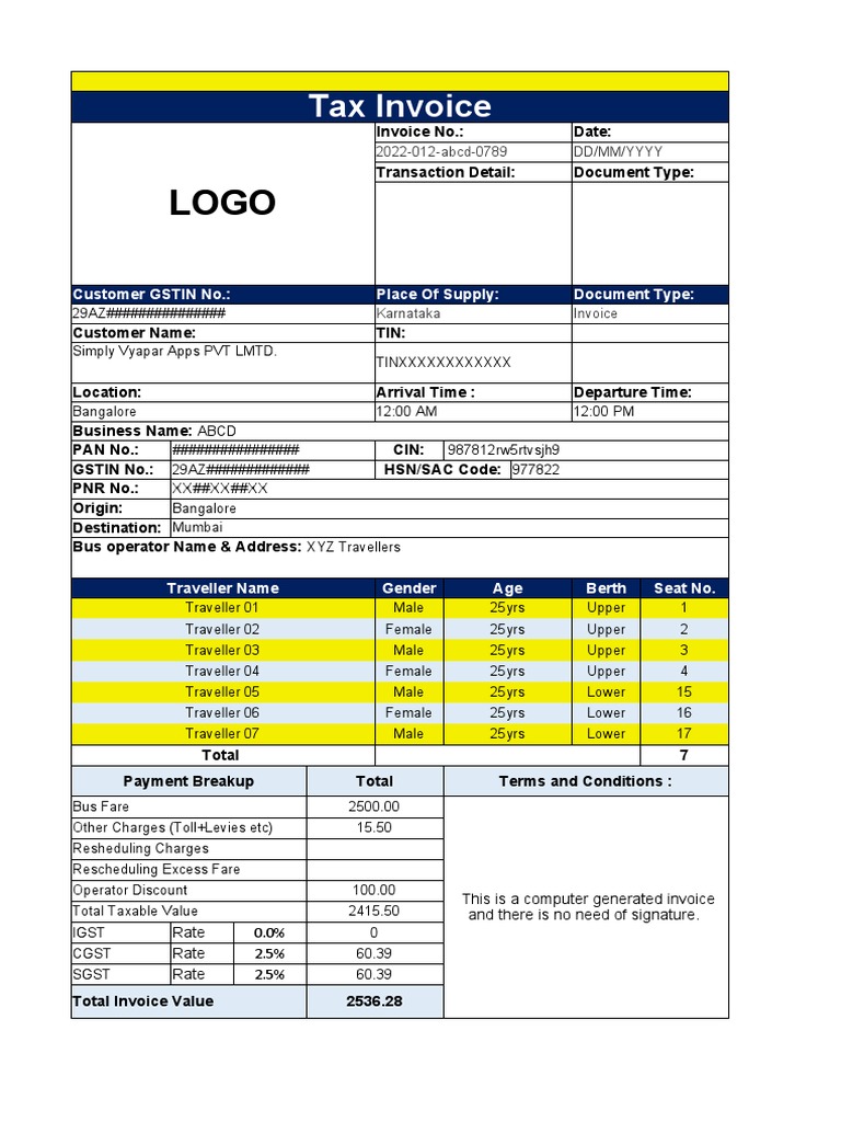Bus Ticket Invoice Format | PDF