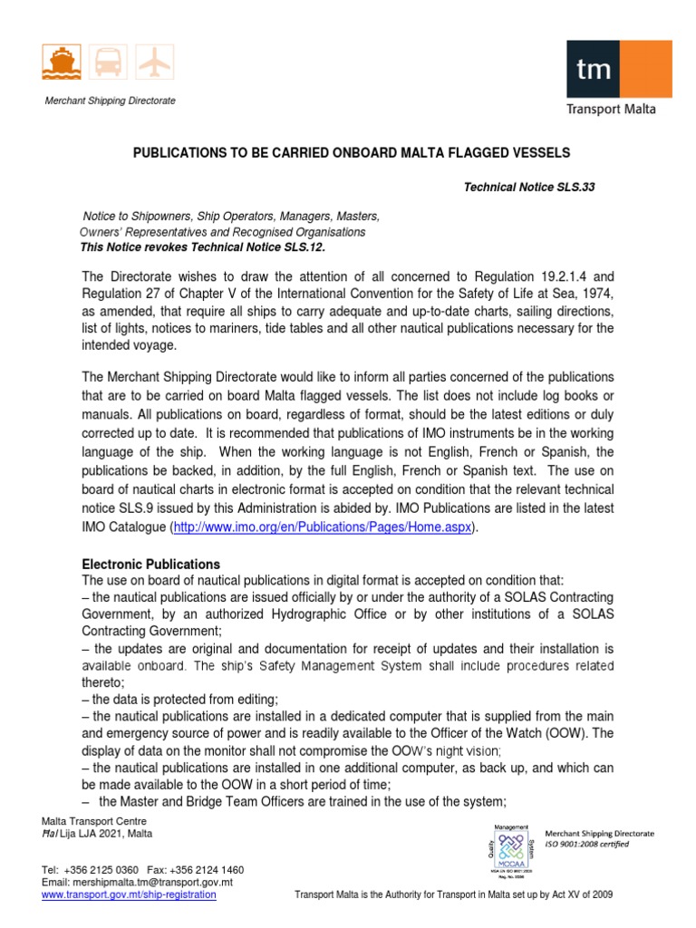 Technical Notice SLS.33 - Publications To Be Carried Onboard Malta ...