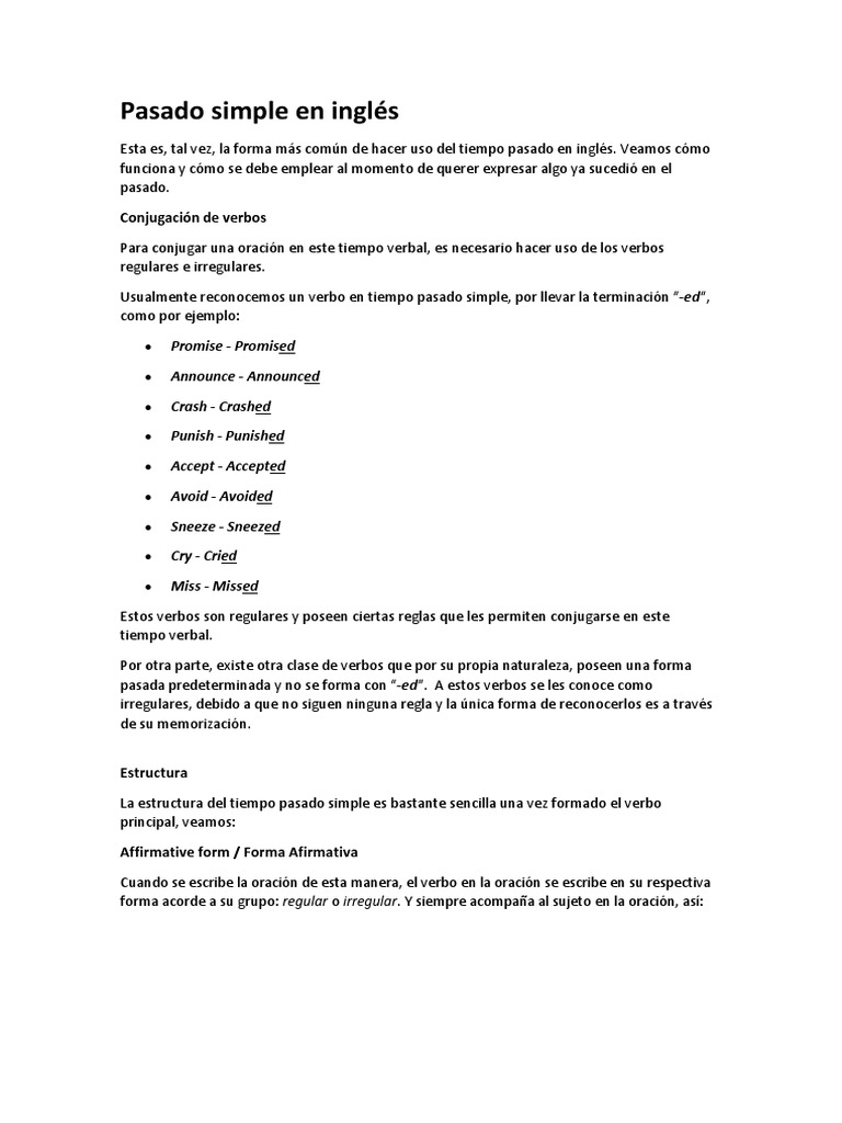 Pasado Simple, Continuo y Pasado Perfecto | PDF | Verbo | Oración ...