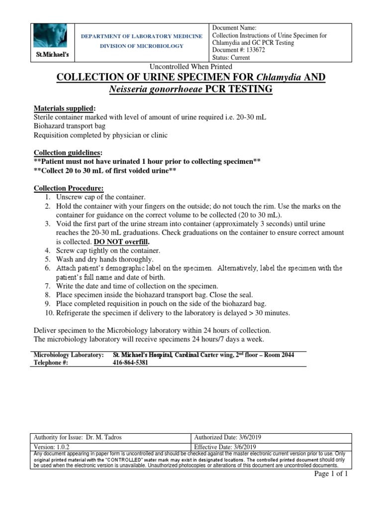 Collection Instructions of Urine Specimen For Chlamydia and GC PCR