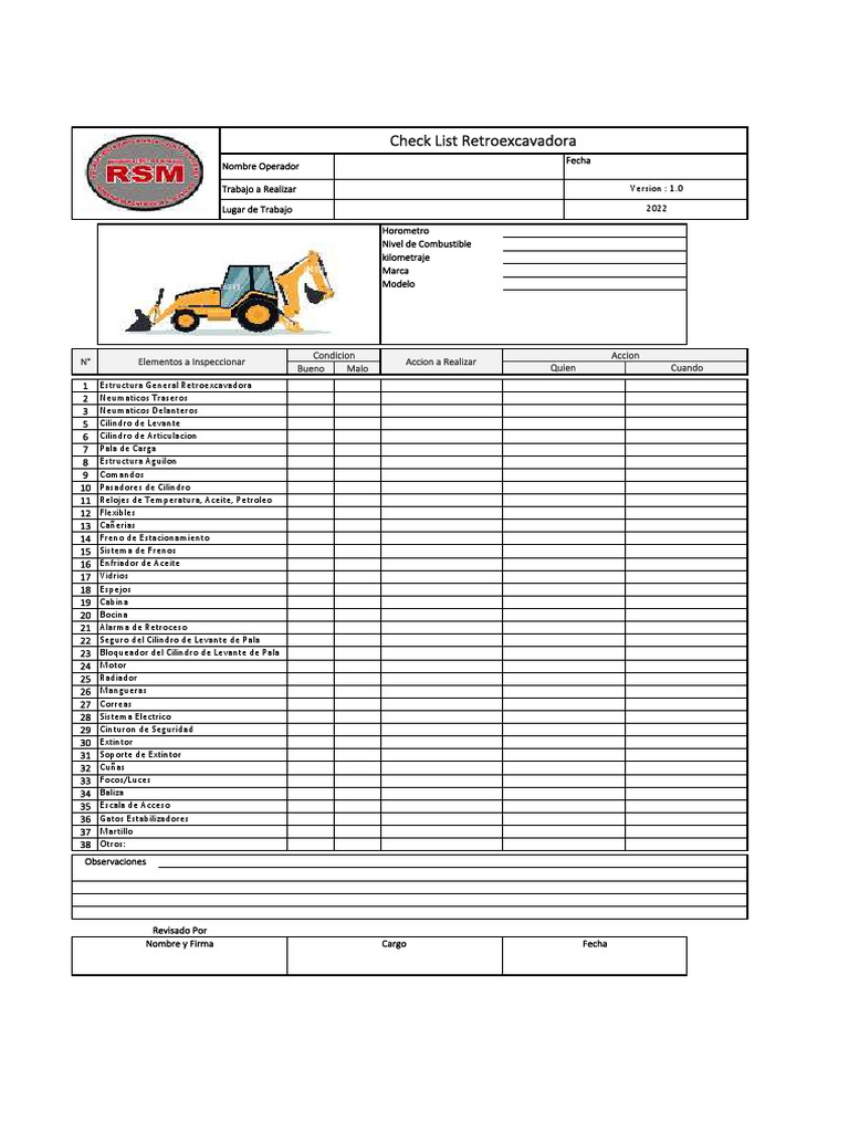 Check List Retroexcavadoras Ver.1.0 | PDF
