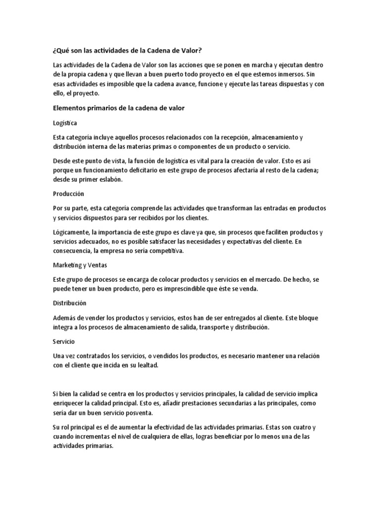 Actividades en la Cadena de Valor Interna | PDF | Logística | Cadena de ...