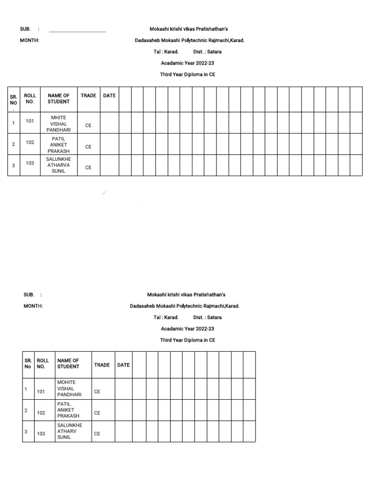 Te Civil Attendance Sheet PDF