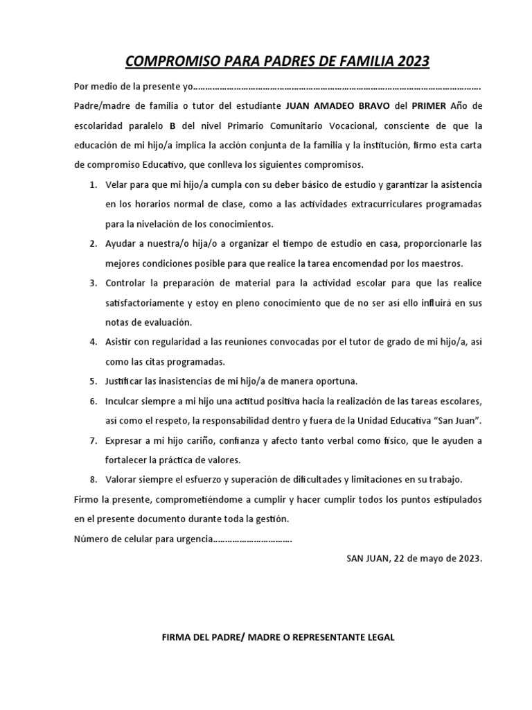 Compromiso para Padres de Familia | PDF | Evaluación | Conocimiento