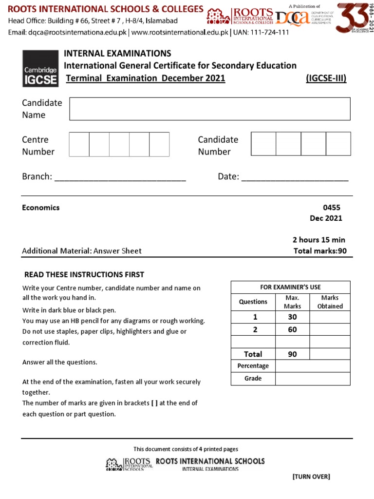Economics IG III Theory Terminal Examination 2021 PDF Inflation