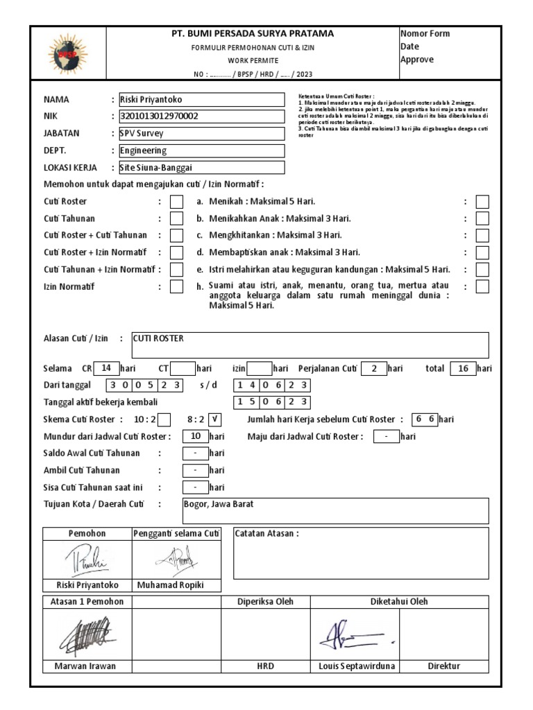 Formulir Cuti Roster Karyawan BPSP | PDF