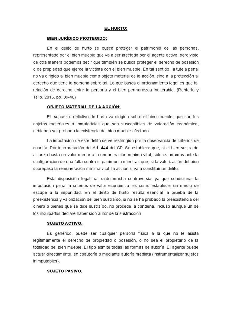 Delito de Hurto: Aspectos Legales y Tipos | PDF | Robo | Intención ...