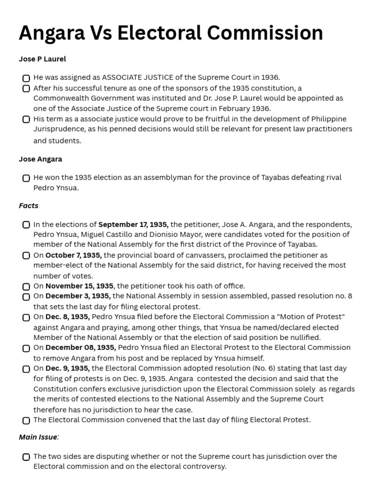 Angara vs. Electoral Commission Case | PDF | Political Law | Common Law