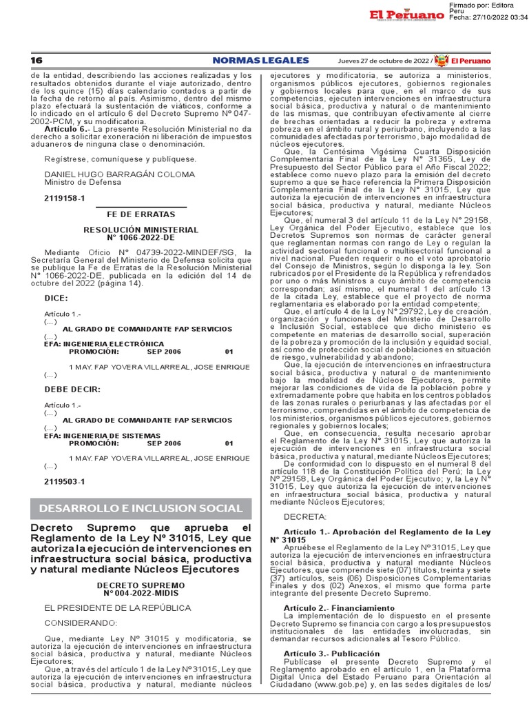 Decreto Supremo Que Aprueba El Reglamento de La Ley No 31015 Decreto ...