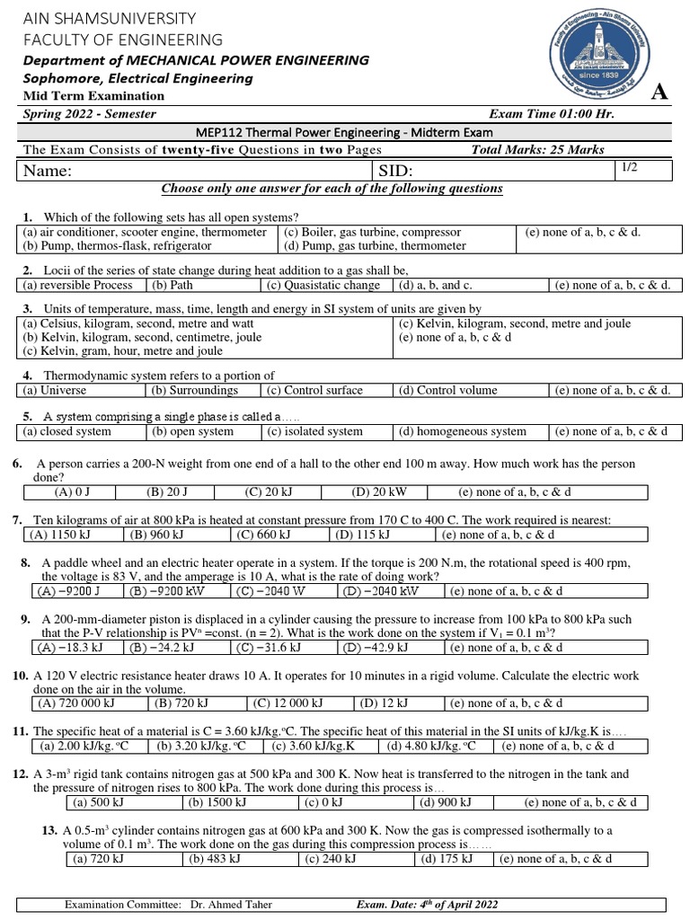 MEP112 Midterm Sp22 A | PDF