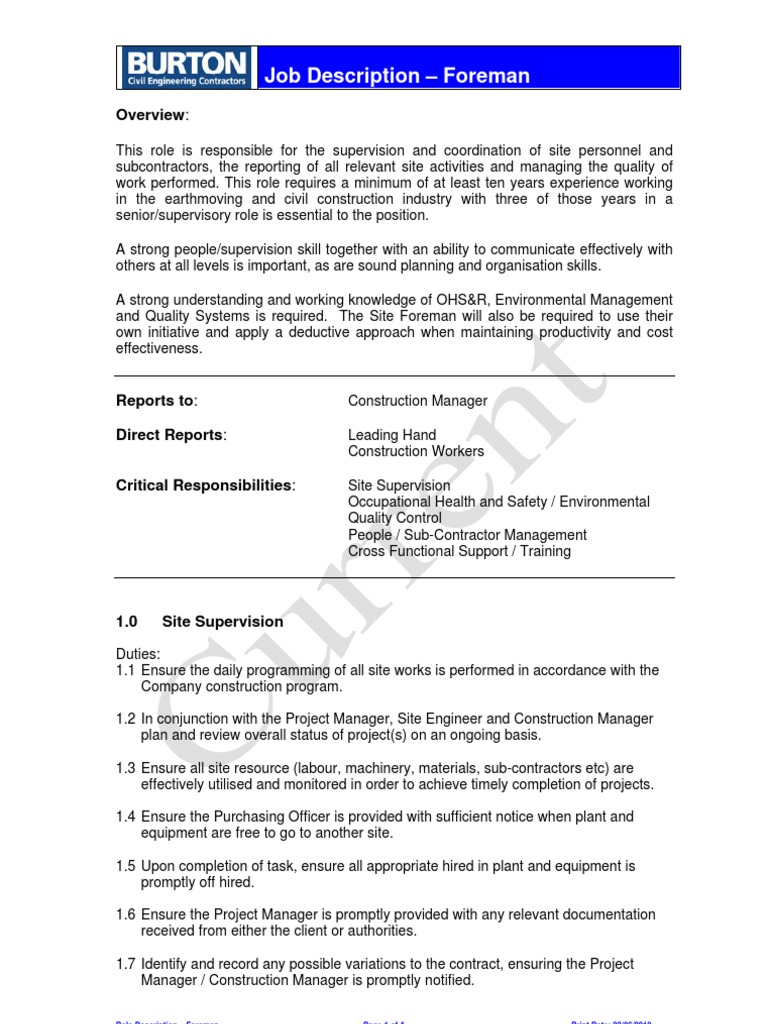 Job Description - Foreman: Overview | Download Free PDF | Construction ...