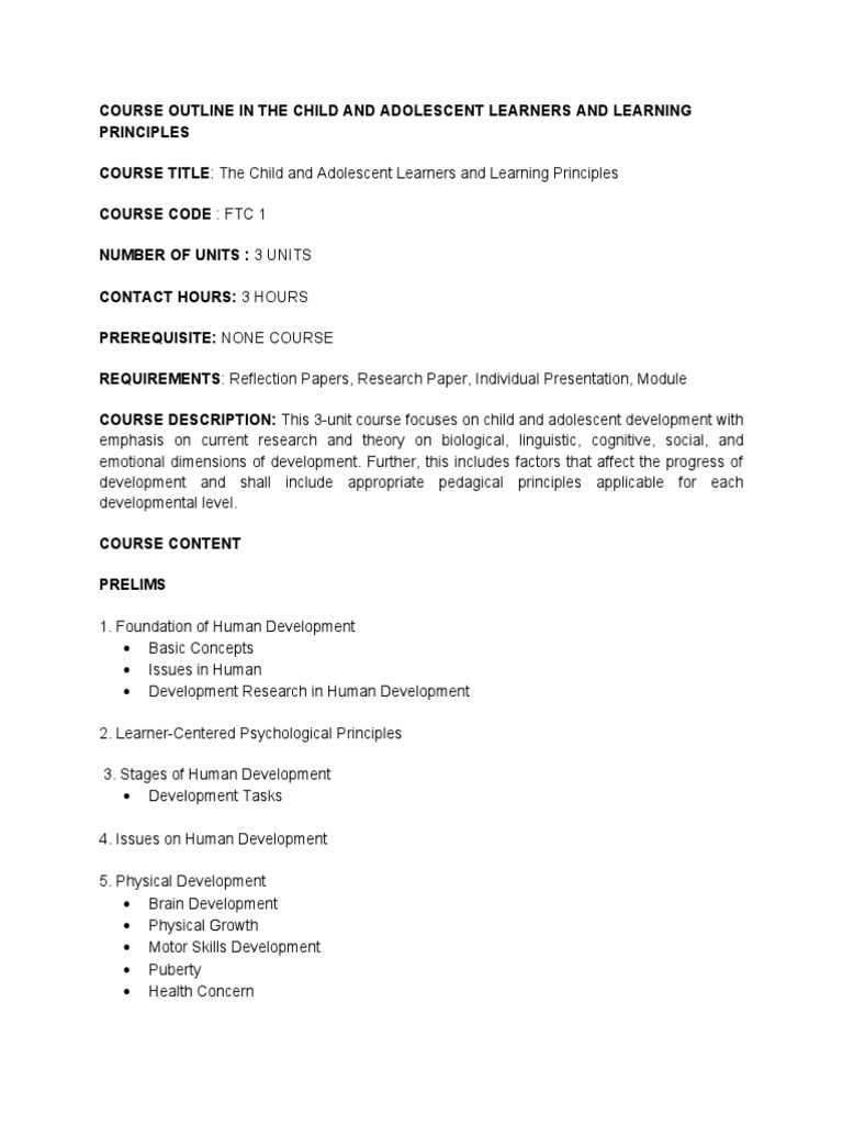 COURSE OUTLINE IN THE CHILD AND ADOLESCENT LEARNERS AND LEARNIG ...