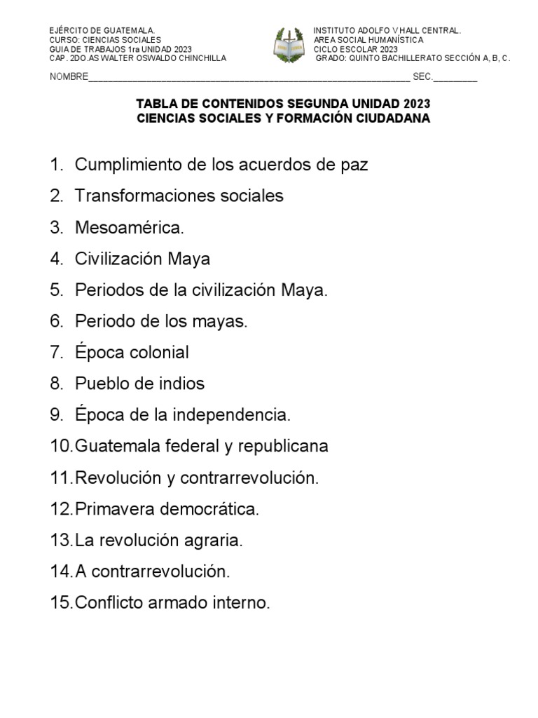Tabla de Contenido Quinto Bachillerato 2da Unidad 2023 PDF