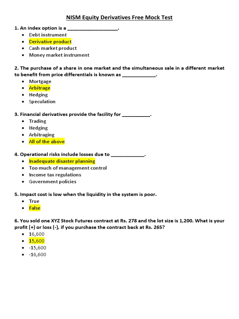 NISM Equity Derivatives Free Mock Test PDF Option (Finance