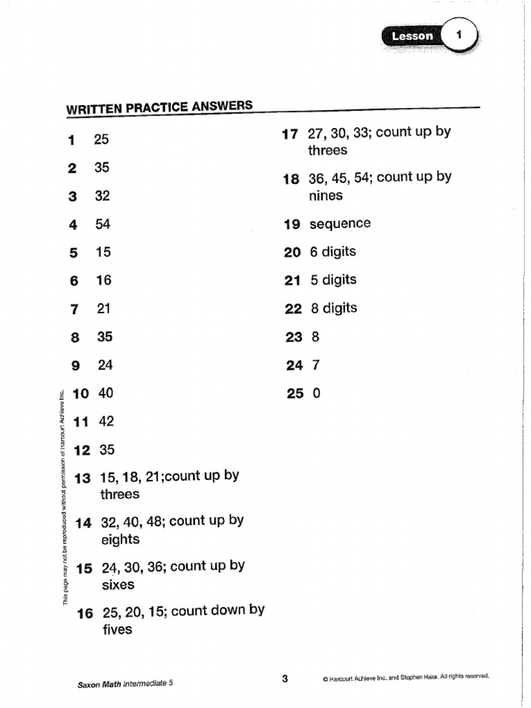 5th Grade Intermediate 5 Homework Key | PDF