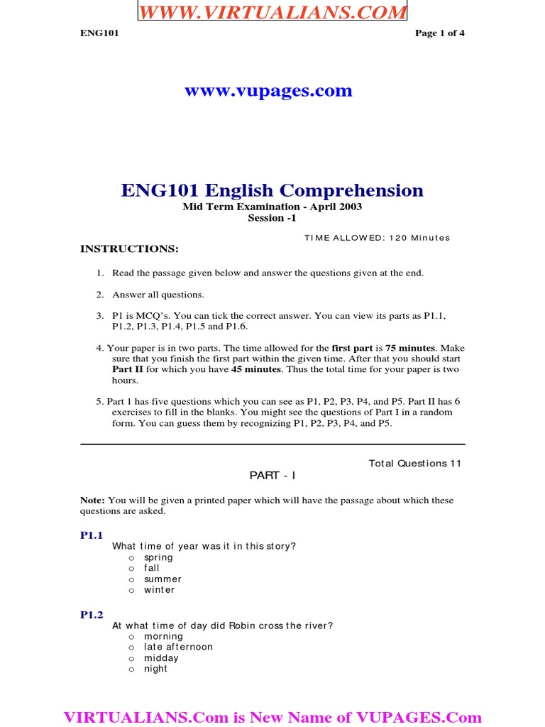 ENG101 Midterm Exam: English Comprehension | PDF | Computer Program ...
