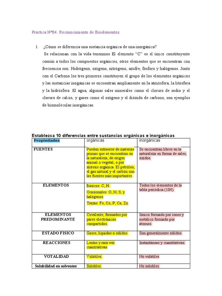 Diferencias entre Bioelementos Orgánicos e Inorgánicos | PDF ...