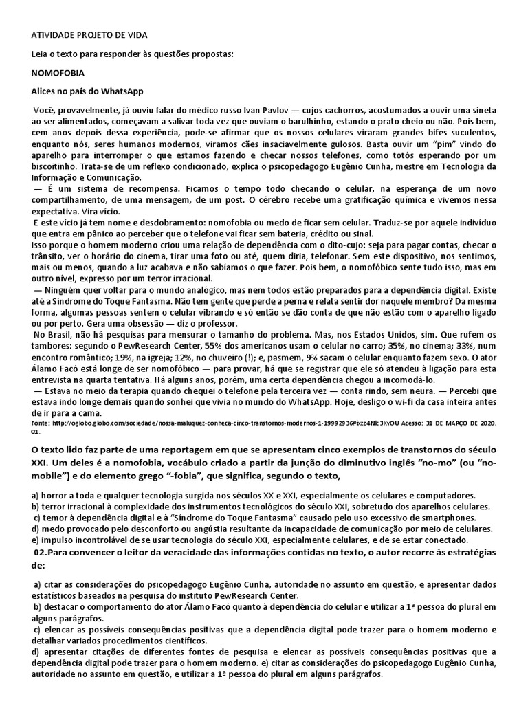 Atividade Projeto De Vida Pdf