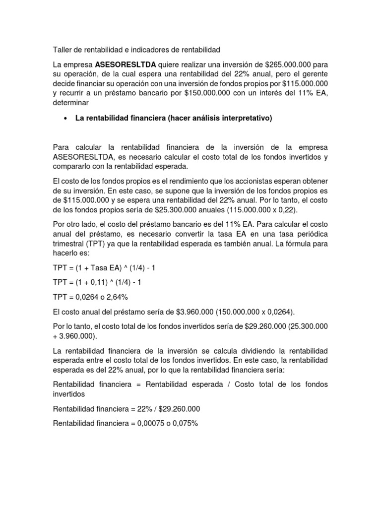 Taller de Rentabilidad e Indicadores de Rentabilidad Semana 4 | PDF ...