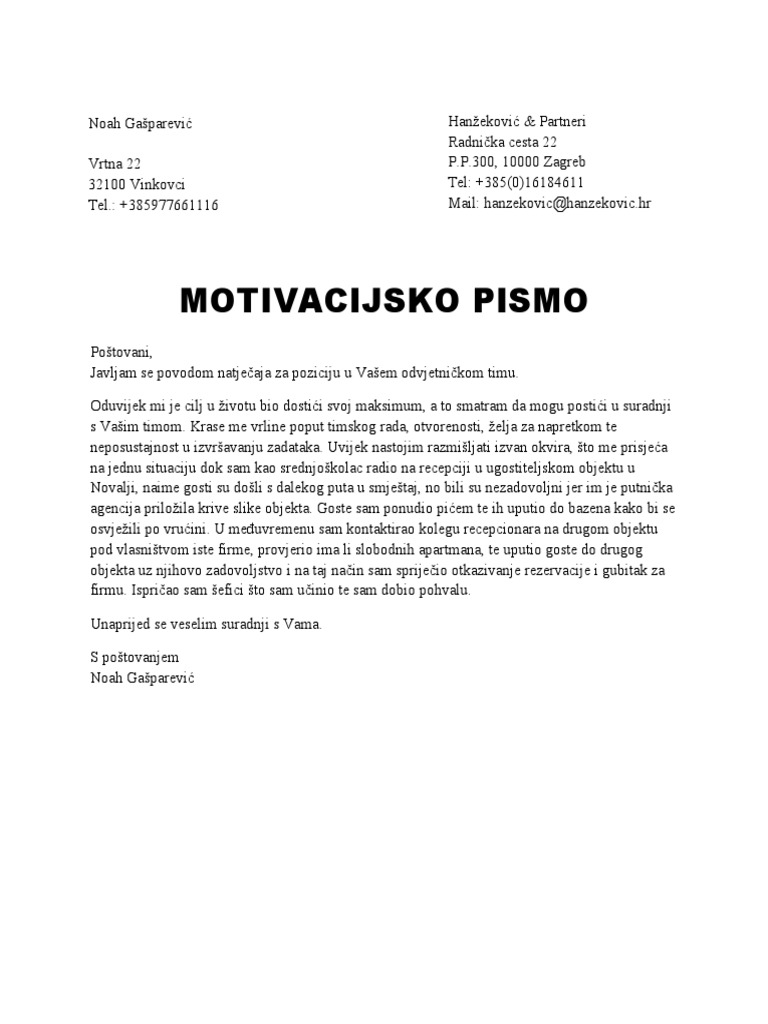 Motivacijsko pismo | PDF