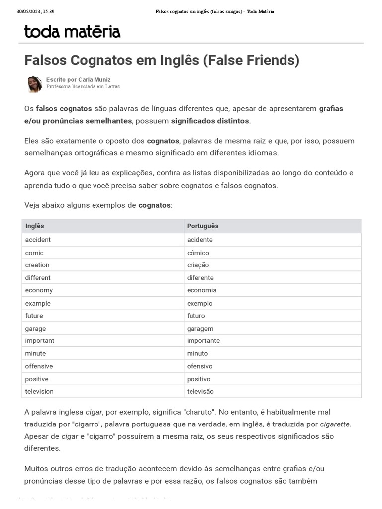 Falsos Cognatos em Inglês (Falsos Amigos) - Toda Matéria | PDF