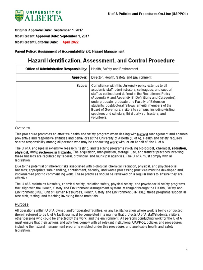 Hazard Identification Assessment Control Procedure | PDF | Occupational ...