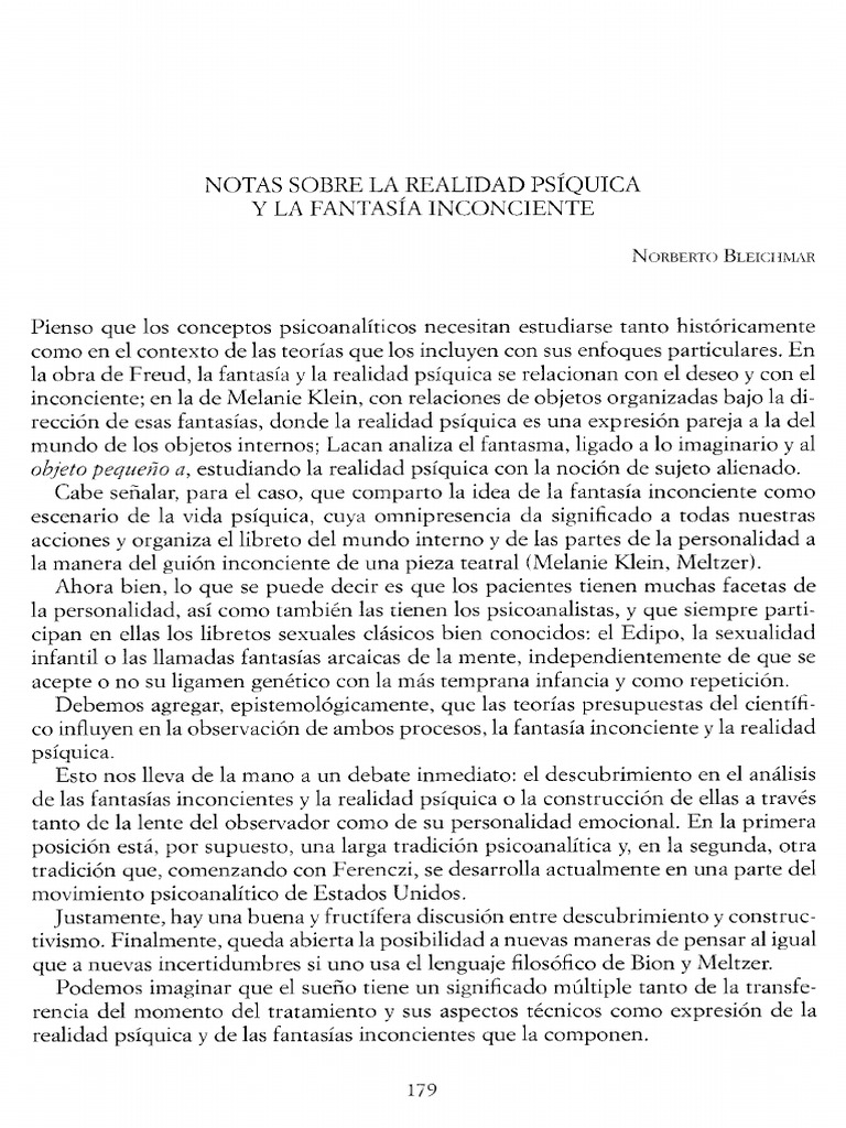 Clase 1 y 2 Bleichmar, N. Notas Sobre La Realidad Psíquica y La ...