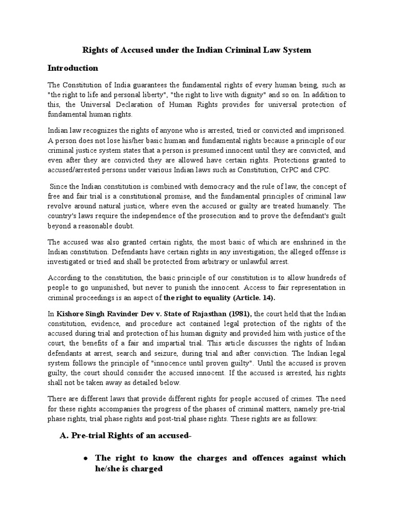 Rights of Accused in Indian Criminal Law | PDF | Arrest | Bail