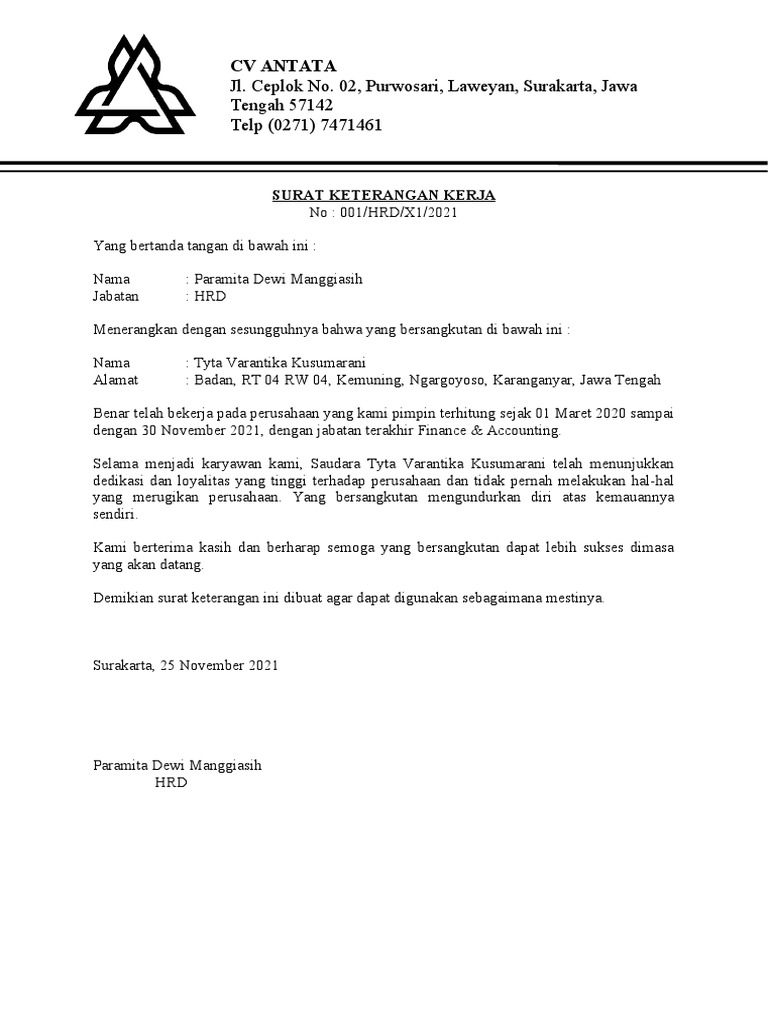 Surat Keterangan Kerja | PDF