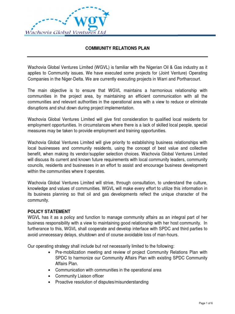 Community Relations Plan for WGVL | PDF | Employment