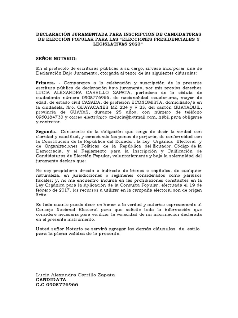 Formato de declaracion juramentada elecciones anticipadas 2023 ok ev pdf