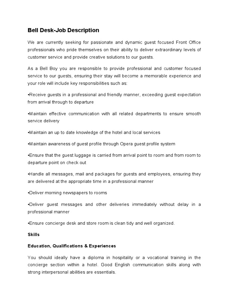 Bell Desk Job Description PDF