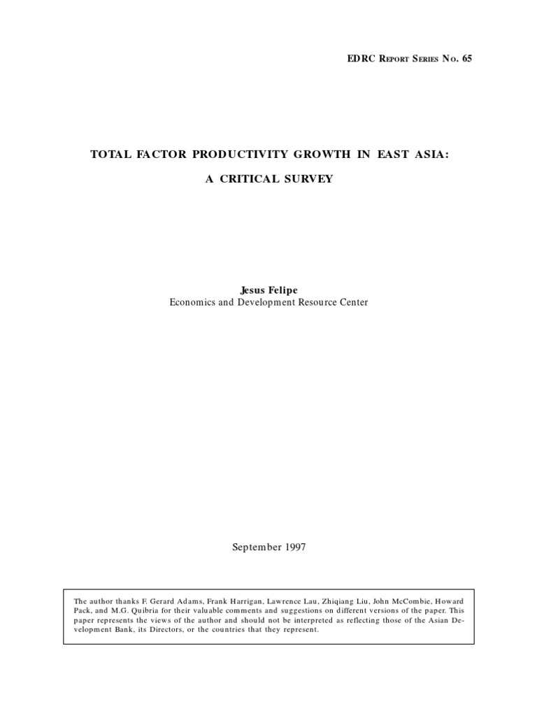 Total Factor Productivity Growth in East Asia: A Critical Survey | PDF ...