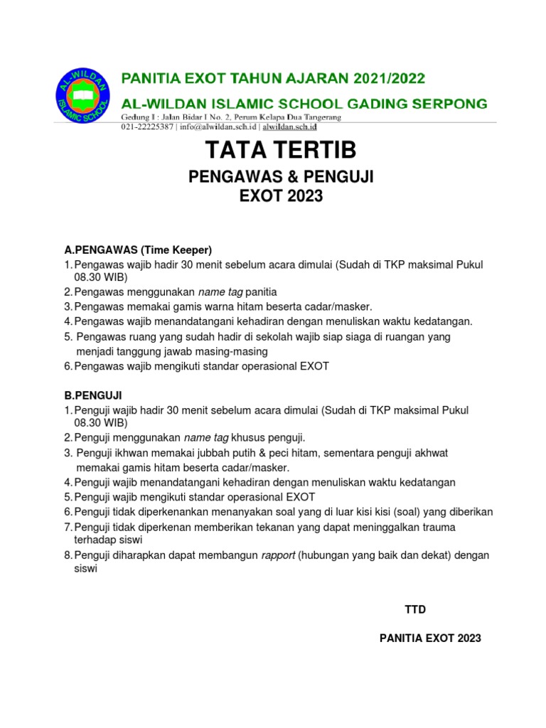 Tatib Pengawas & Penguji Exot SMP Sma Al Wildan 1 | PDF